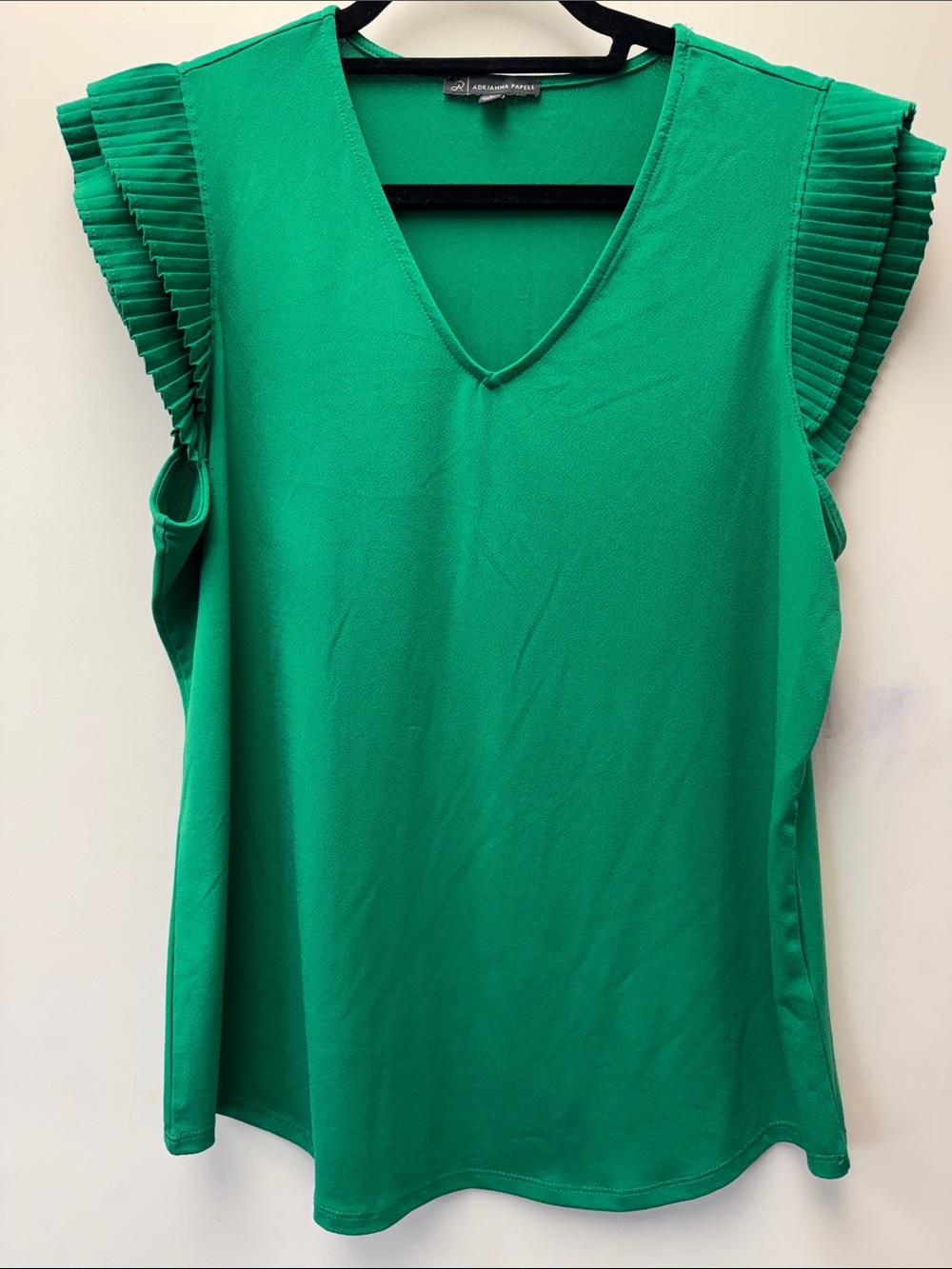 Adrianna Papell Green Pleated Ruffle Sleeve V-Neck Blouse Large AD1S300951